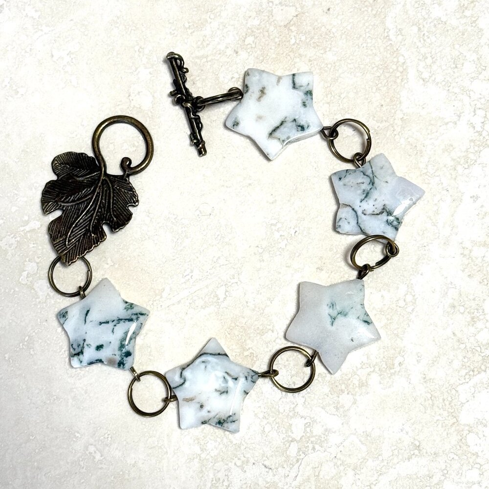 2/$20, Genuine White Green Tree Agate Bracelet, Gemstone Star +Bronze Grape Leaf